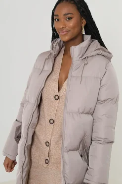 Maxi Length Padded Jacket With Fixed Hood