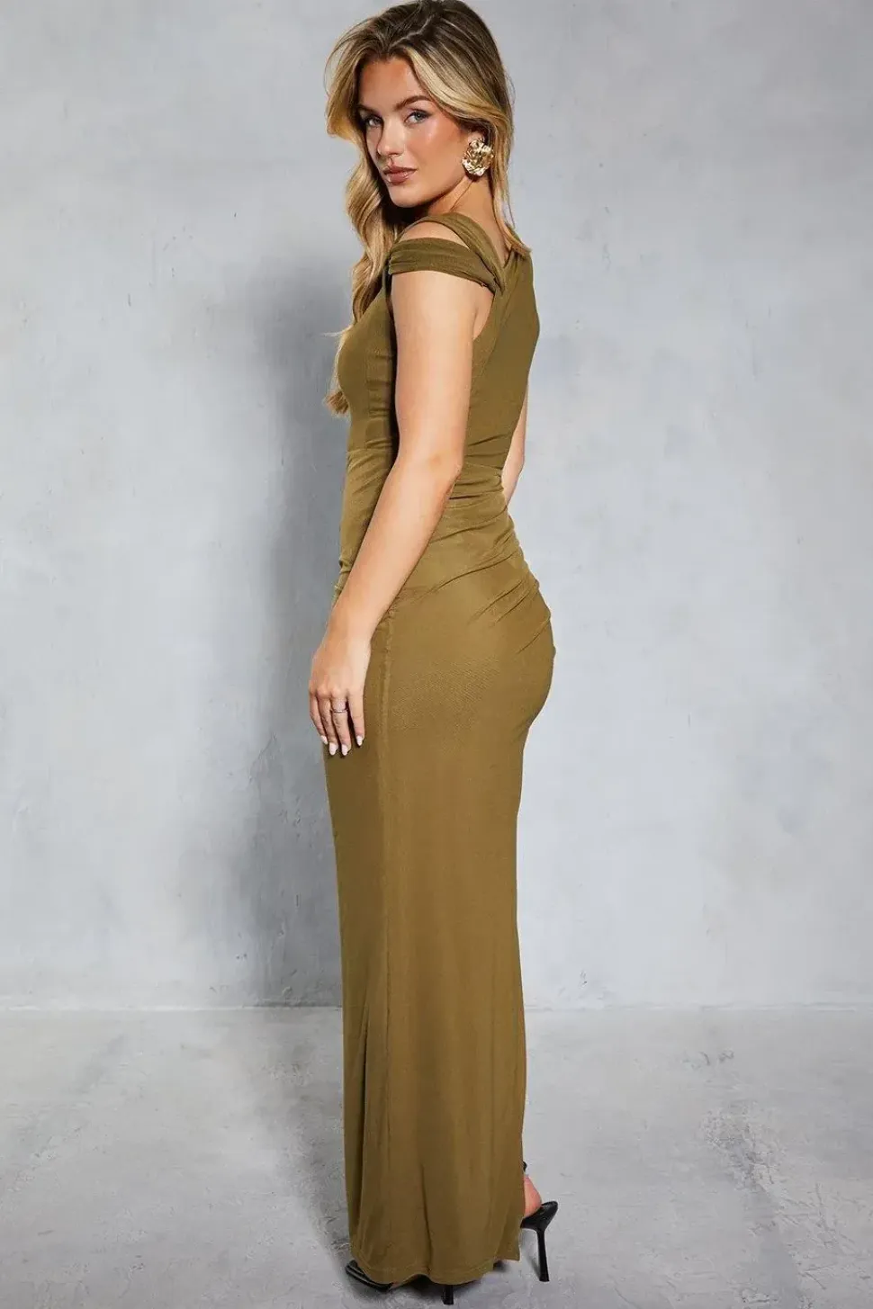 Mesh Asymmetric Neckline Strap Detail Ruched Column Maxi Dress