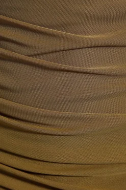 Mesh Asymmetric Neckline Strap Detail Ruched Column Maxi Dress