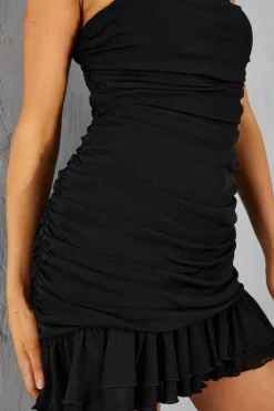 Mesh Bandeau Frill Hem Ruched Bodycon Mini Dress