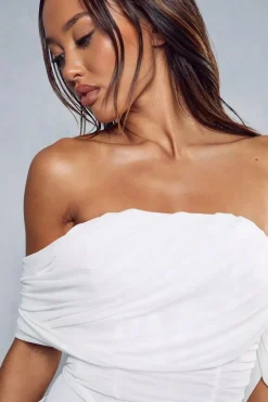 Mesh Drape Sleeve Bardot Mini Dress