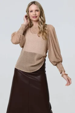 Mesh Fishnet Long Puff Sleeve Top