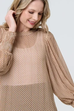 Mesh Fishnet Long Puff Sleeve Top