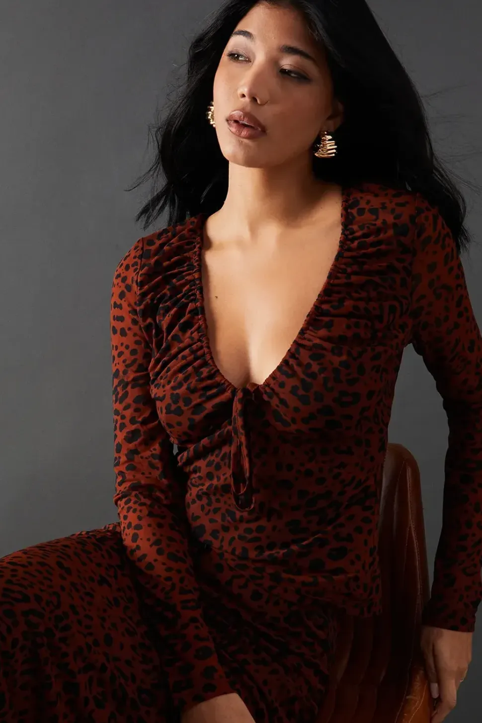 Mesh Gathered Drawstring Fitted Top
