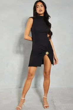 Mesh Hammered Gold Trim Grown On Neck Split Leg Mini Dress