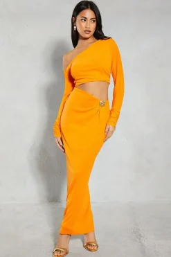 Mesh Hammered Gold Trim Off Shoulder Maxi Dress