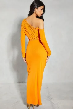 Mesh Hammered Gold Trim Off Shoulder Maxi Dress
