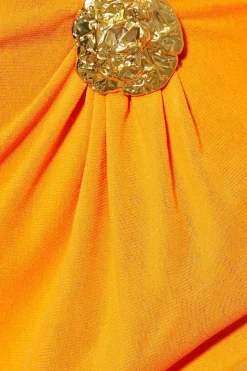 Mesh Hammered Gold Trim Off Shoulder Maxi Dress