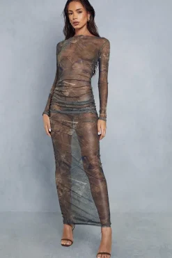 Mesh Jean Print Ruched Maxi Dress