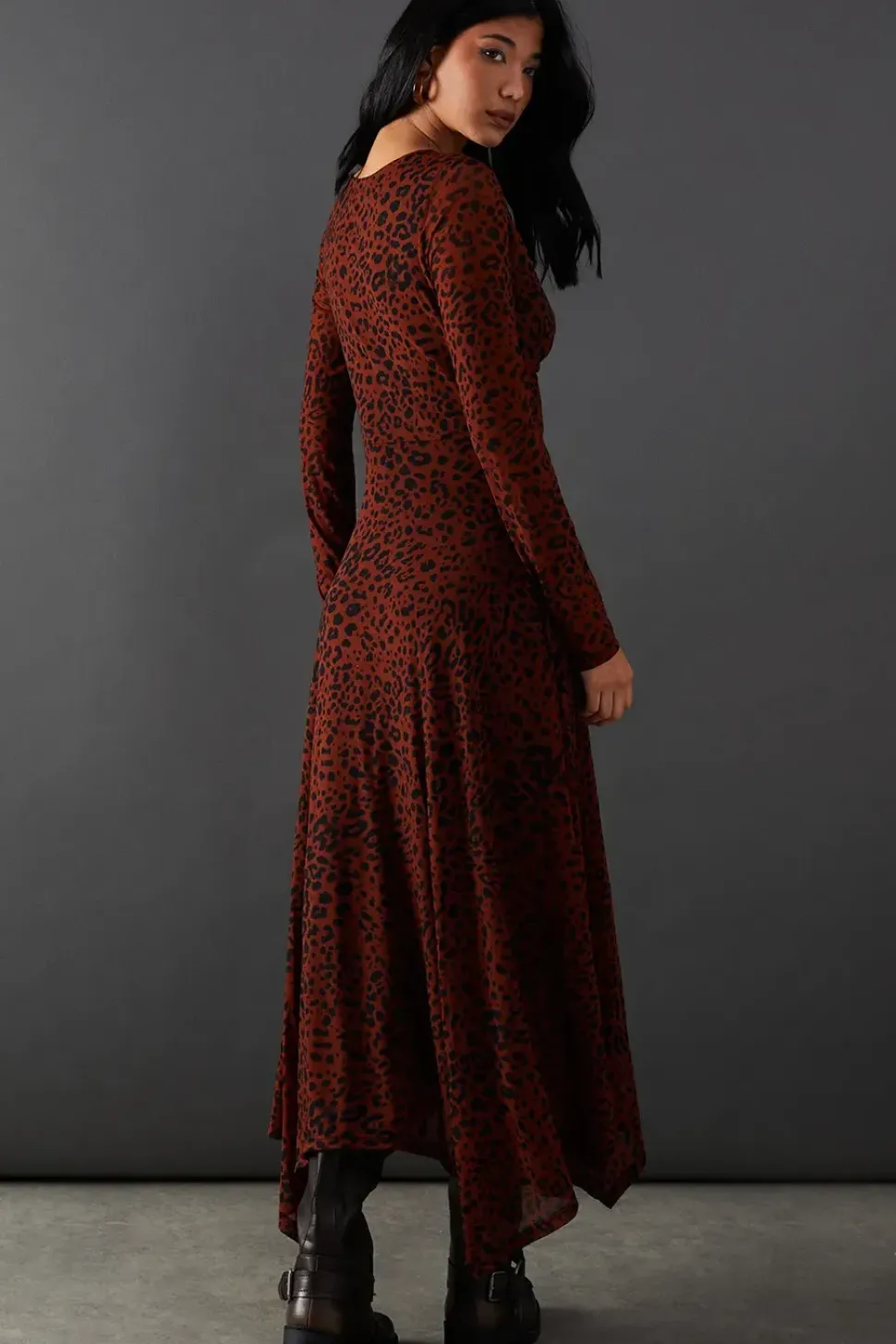 Mesh Knot Front Plunge Neck Hanky Hem Midi Dress