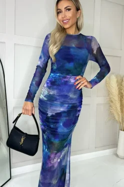 Mesh Overlay Long Sleeve Bodycon Midi Dress