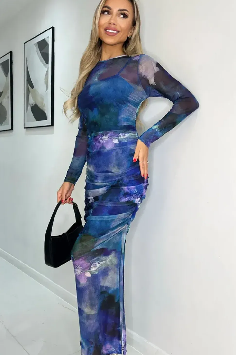 Mesh Overlay Long Sleeve Bodycon Midi Dress