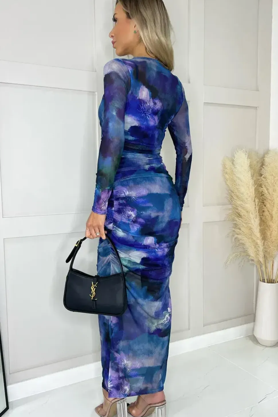 Mesh Overlay Long Sleeve Bodycon Midi Dress
