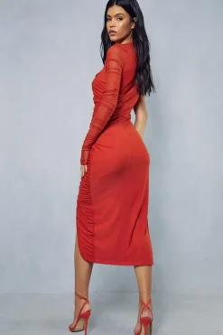Mesh Ruched Asymmetric One Shoulder Wrap Midi Dress