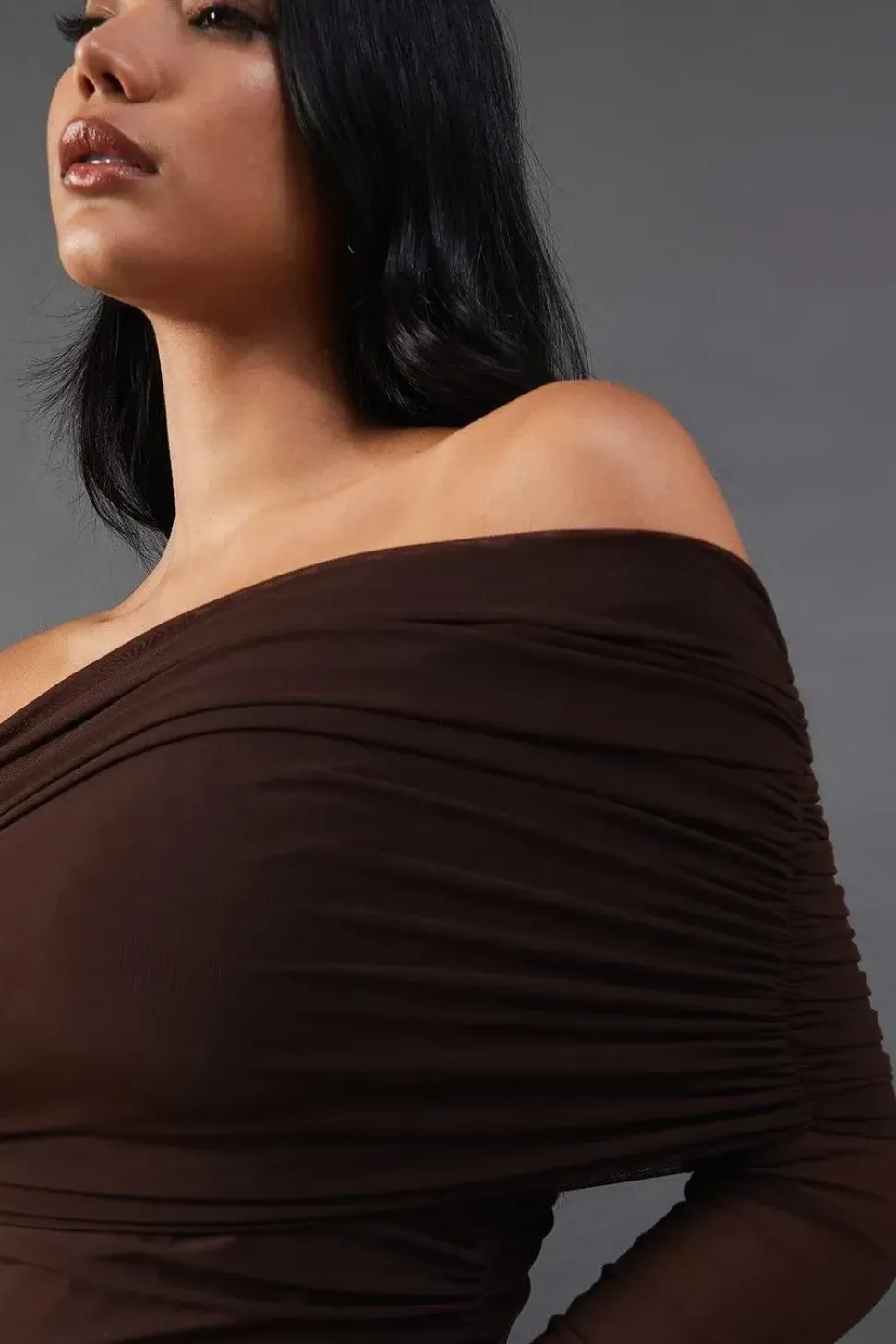 Mesh Ruched Bardot Maxi Dress
