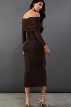 Mesh Ruched Bardot Maxi Dress