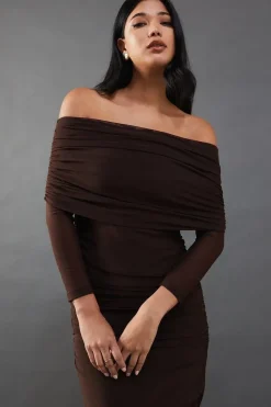 Mesh Ruched Bardot Maxi Dress
