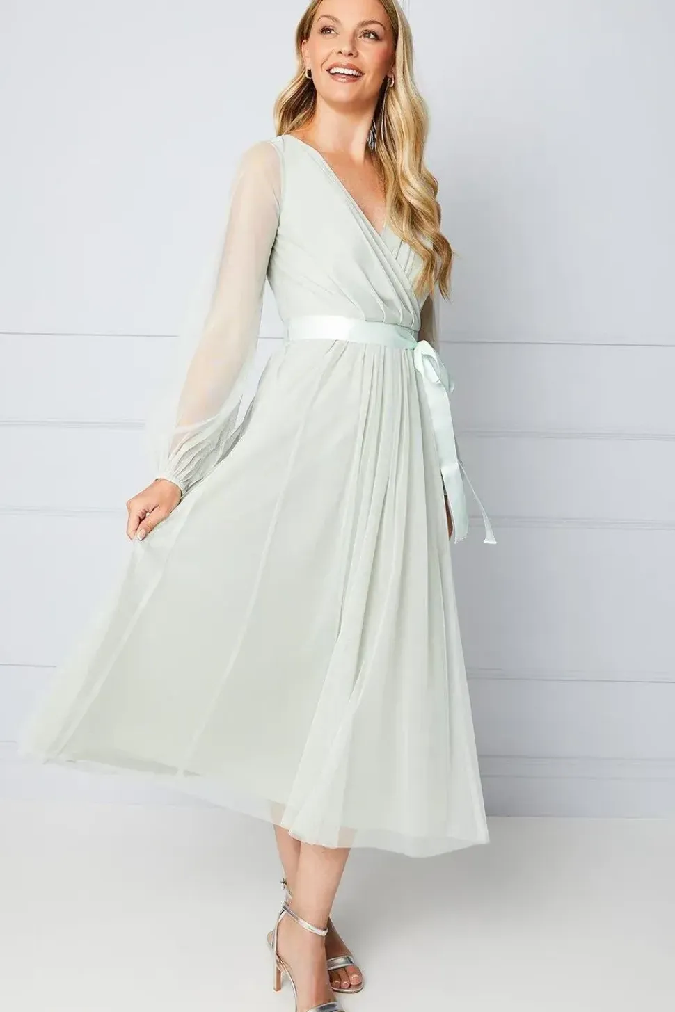 Mesh Satin Tie Midi Dress