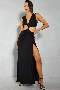 Mesh Twist Detail Plunge Split Leg Maxi Dress