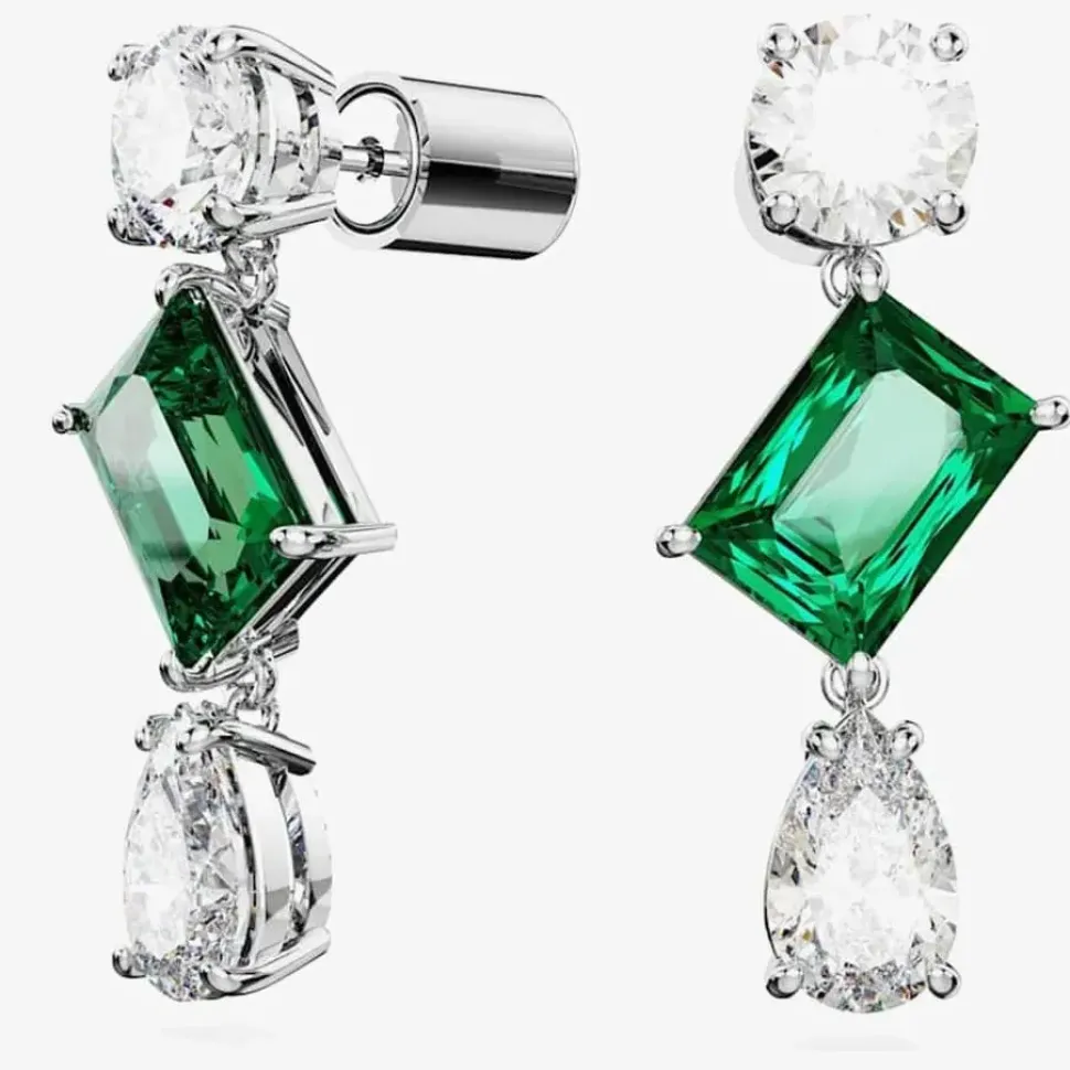 Mesmera Green Mixed Cut Rhodium Plated Dropper Earrings 5665878