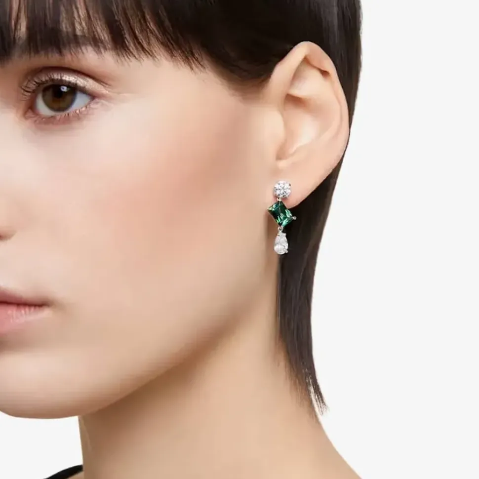 Mesmera Green Mixed Cut Rhodium Plated Dropper Earrings 5665878