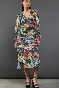 Metallic Animal Printed Shadow Stripe Gathered Sleeve Plunge Neck Maxi Dress