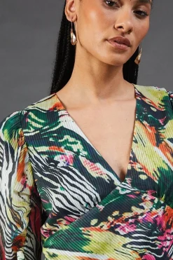 Metallic Animal Printed Shadow Stripe Gathered Sleeve Plunge Neck Maxi Dress