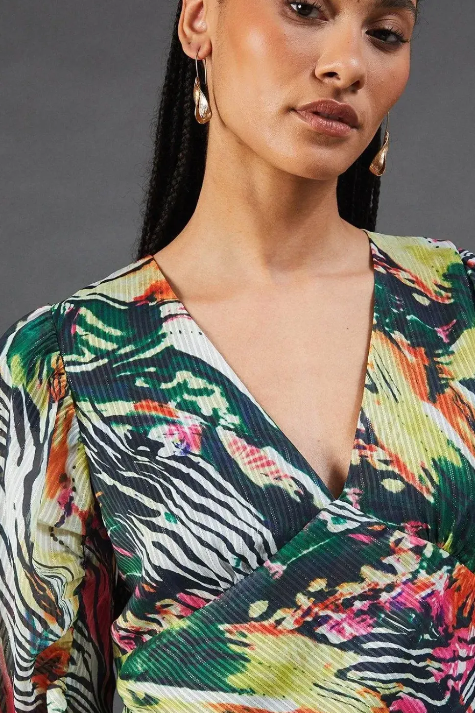 Metallic Animal Printed Shadow Stripe Gathered Sleeve Plunge Neck Maxi Dress