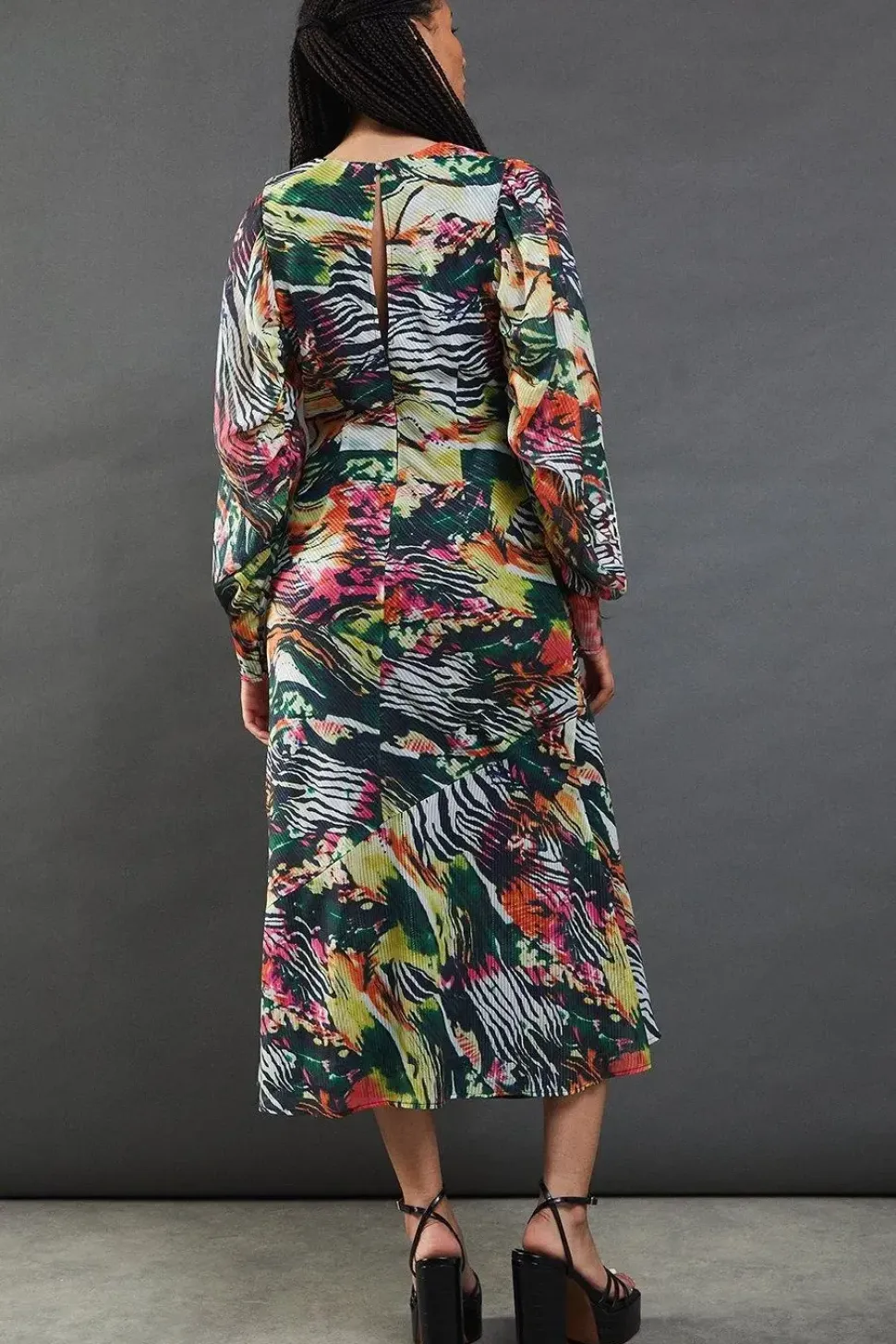 Metallic Animal Printed Shadow Stripe Gathered Sleeve Plunge Neck Maxi Dress