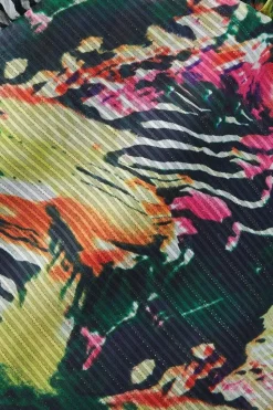 Metallic Animal Printed Shadow Stripe Gathered Sleeve Plunge Neck Maxi Dress