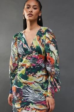 Metallic Animal Printed Shadow Stripe Gathered Sleeve Plunge Neck Maxi Dress