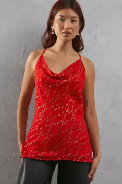 Metallic Chiffon Cowl Neck Strappy Cami