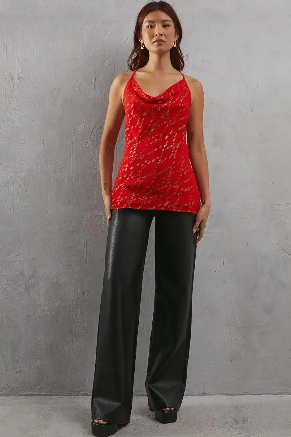 Metallic Chiffon Cowl Neck Strappy Cami