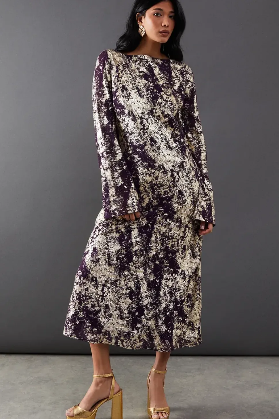 Metallic Chiffon Slash Neck Bias Midi Dress