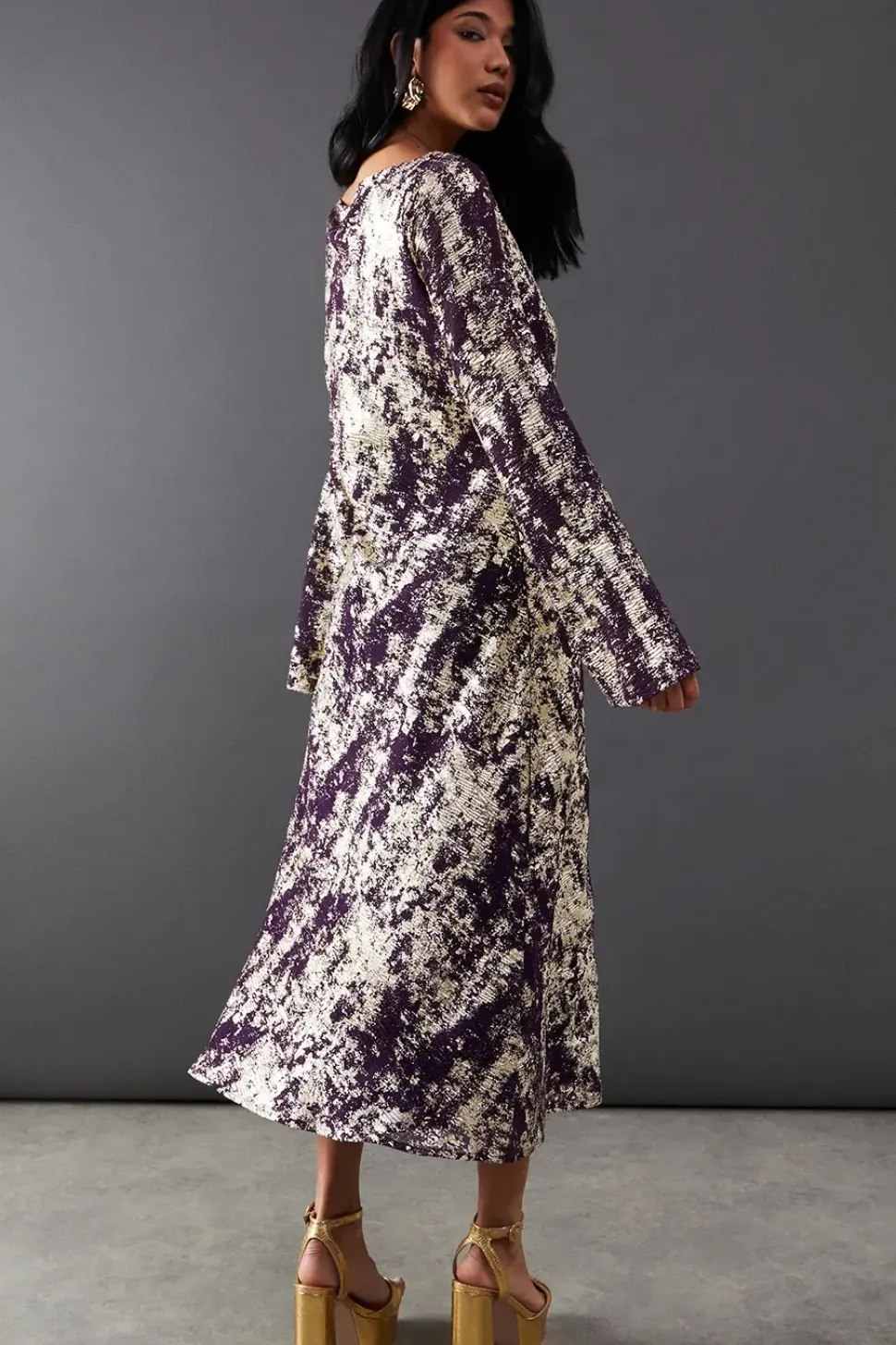 Metallic Chiffon Slash Neck Bias Midi Dress