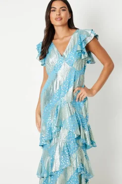 Metallic Chiffon V Neck Tiered Maxi Dress