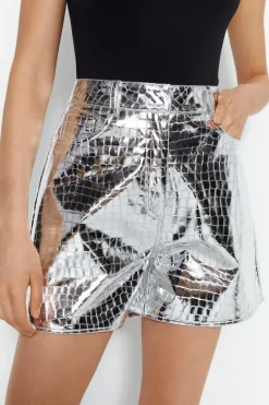Metallic Croc Faux Leather Shorts