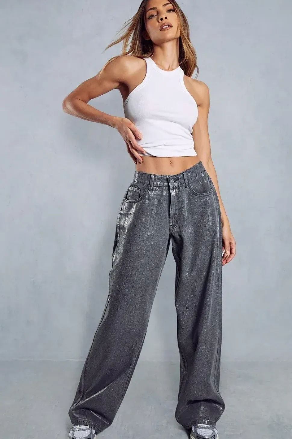 Metallic Denim Straight Leg Jean