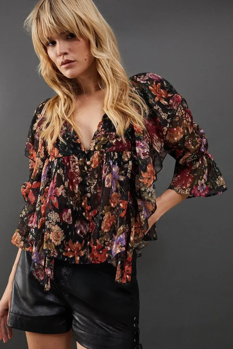 Metallic Dobby Button Front Ruffle Detail Blouse