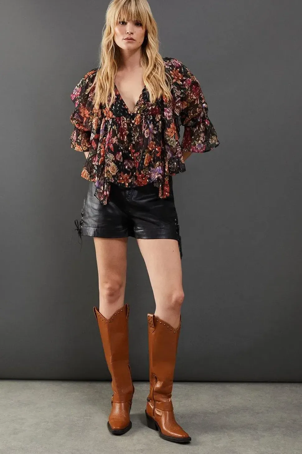 Metallic Dobby Button Front Ruffle Detail Blouse