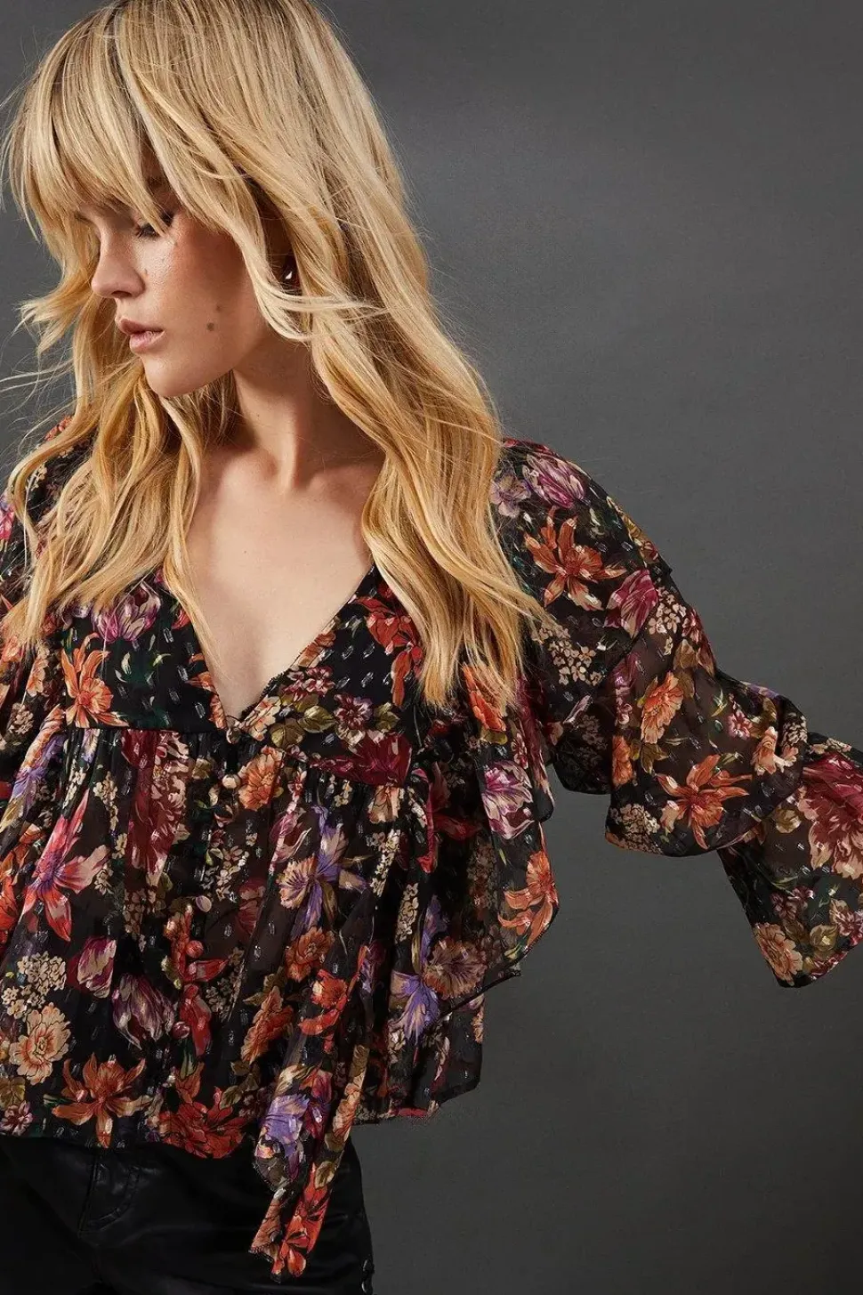 Metallic Dobby Button Front Ruffle Detail Blouse