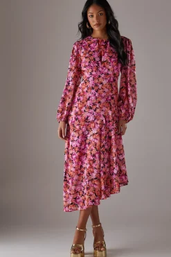 Metallic Floral Burnout Chiffon Asymmetric Hem Midi Dress