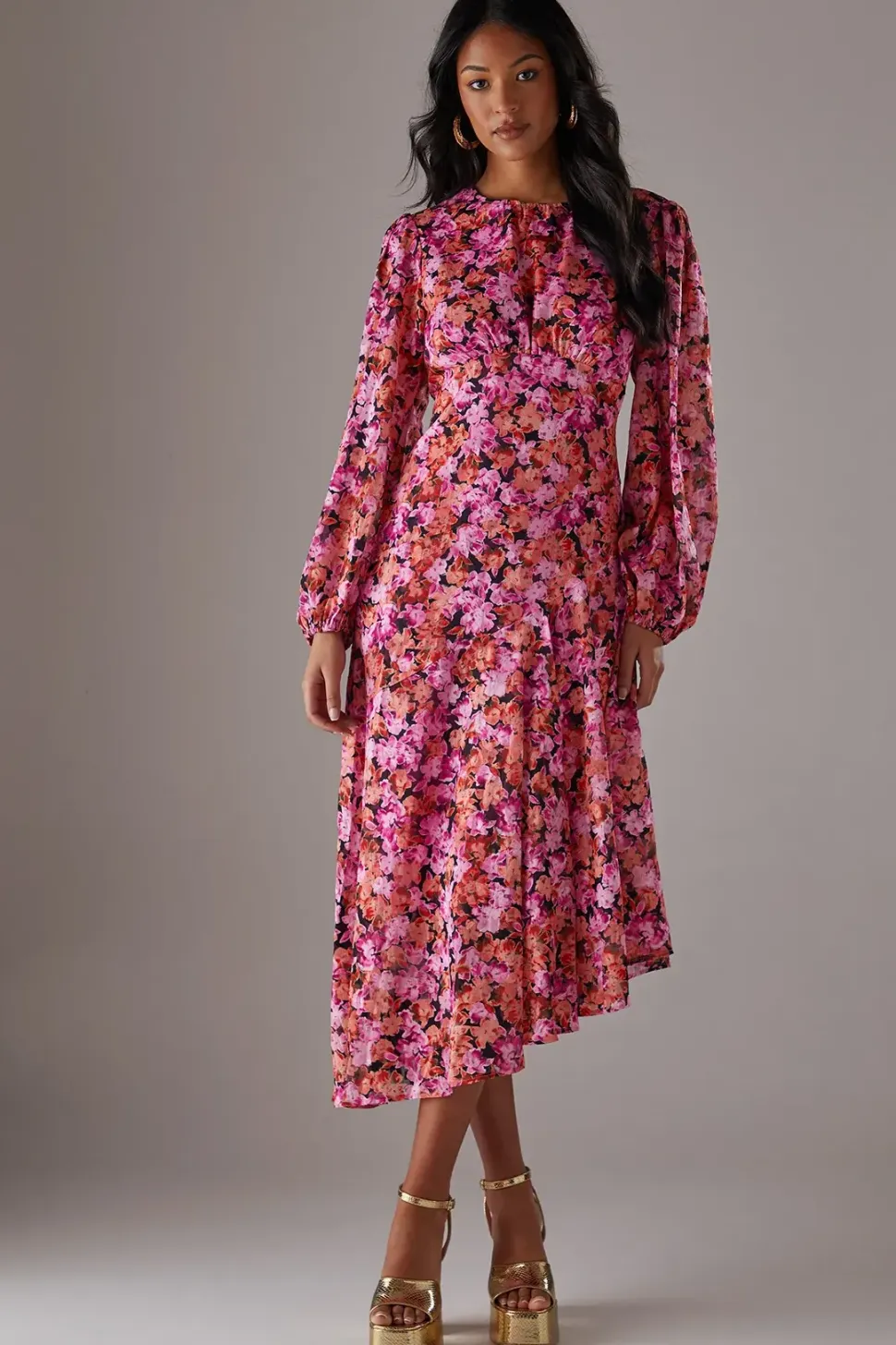 Metallic Floral Burnout Chiffon Asymmetric Hem Midi Dress