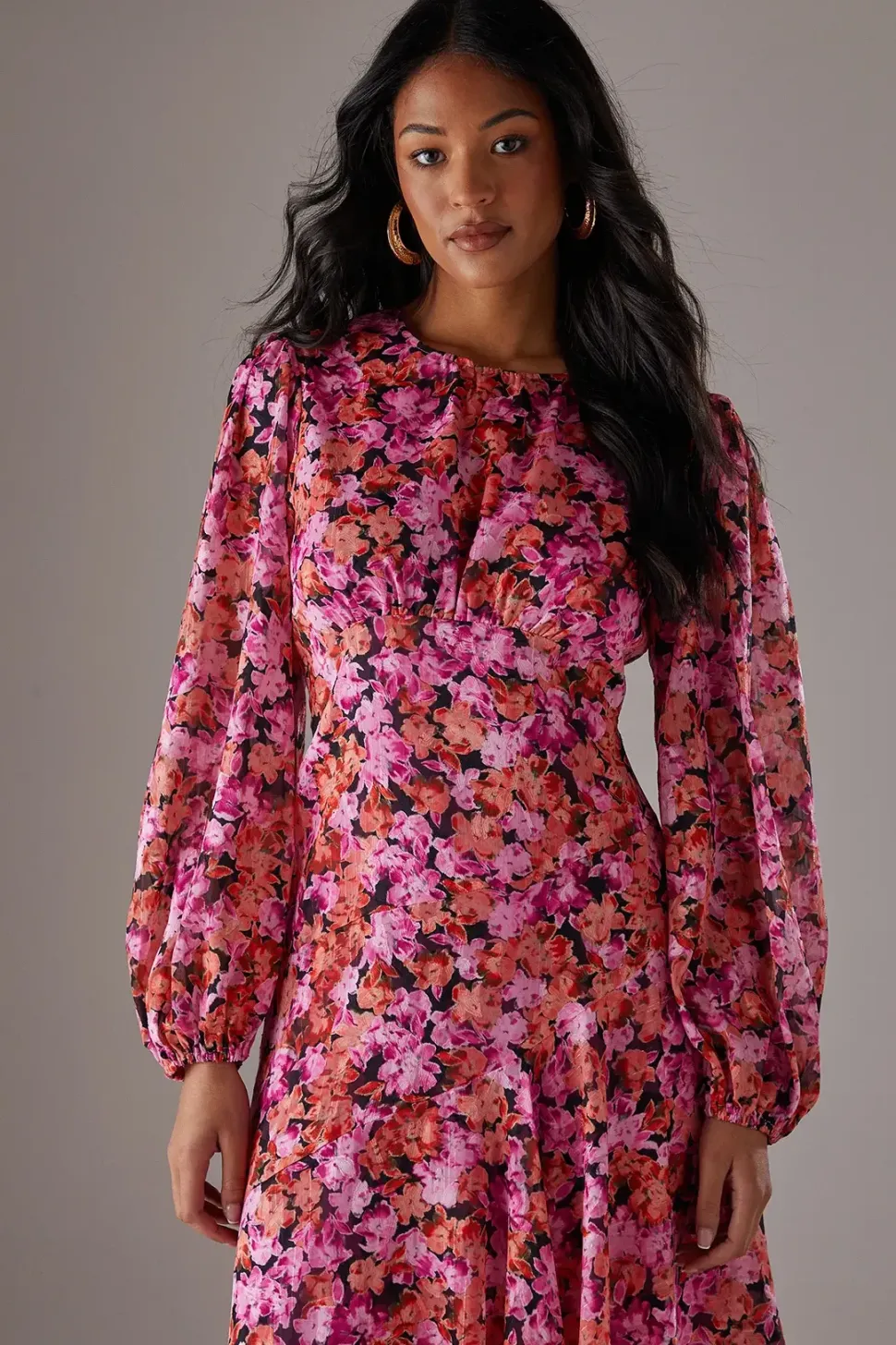 Metallic Floral Burnout Chiffon Asymmetric Hem Midi Dress