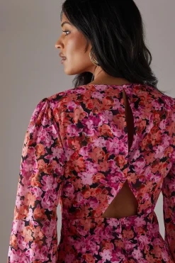Metallic Floral Burnout Chiffon Asymmetric Hem Midi Dress