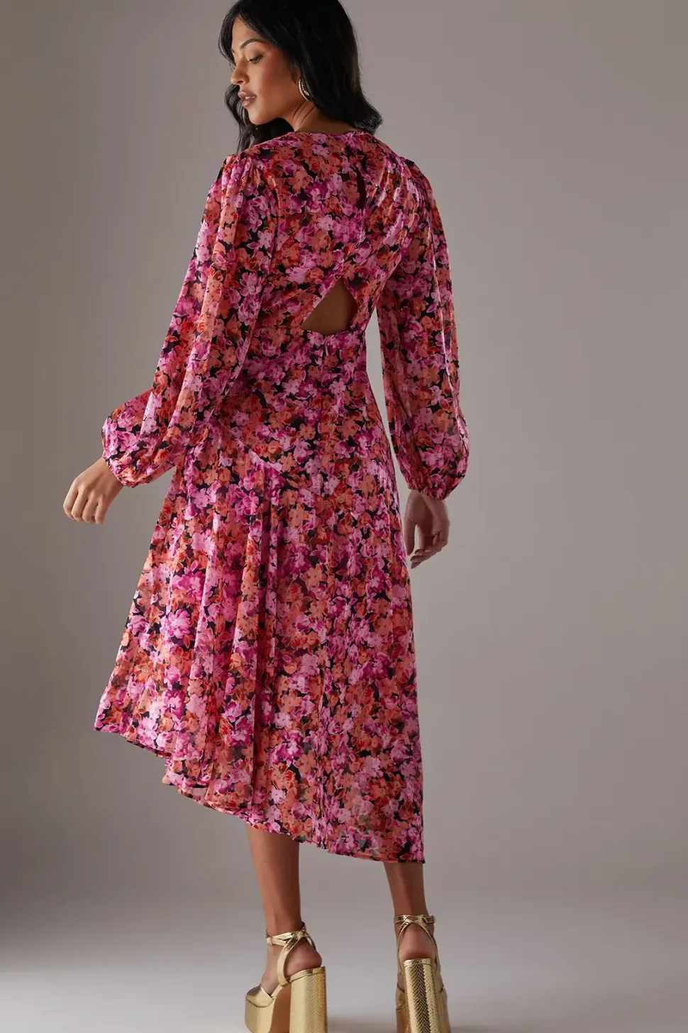 Metallic Floral Burnout Chiffon Asymmetric Hem Midi Dress