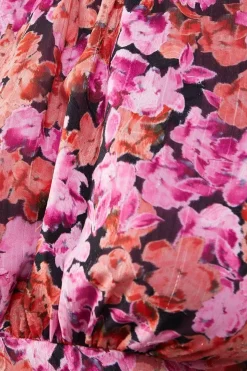 Metallic Floral Burnout Chiffon Asymmetric Hem Midi Dress