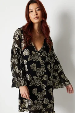 Metallic Georgette V Plunge Frill Swing Dress