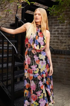 Metallic Halter Neck Midi Dress