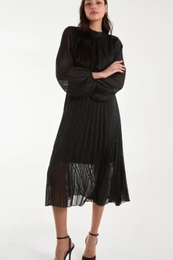 Metallic High Neck Plisse Midi Dress